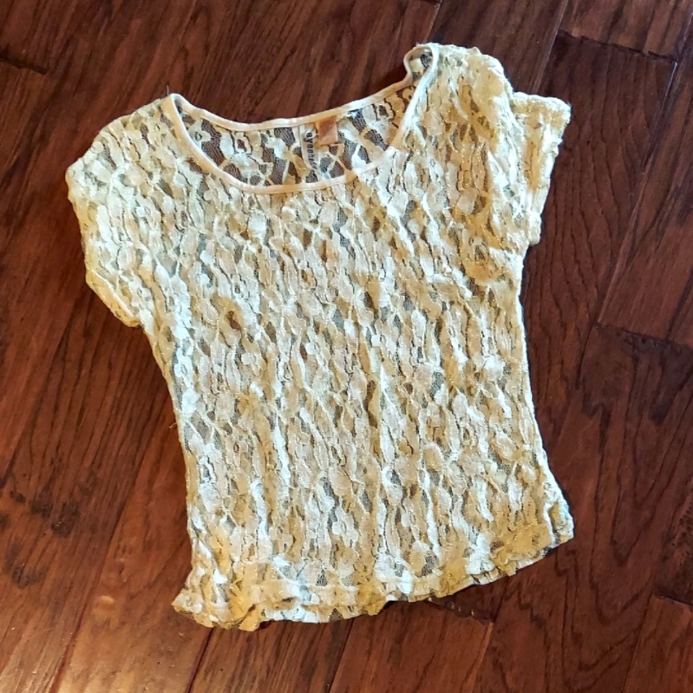 Vintage Y2k 90s Gold Lace Babydoll Tee Shirt Large